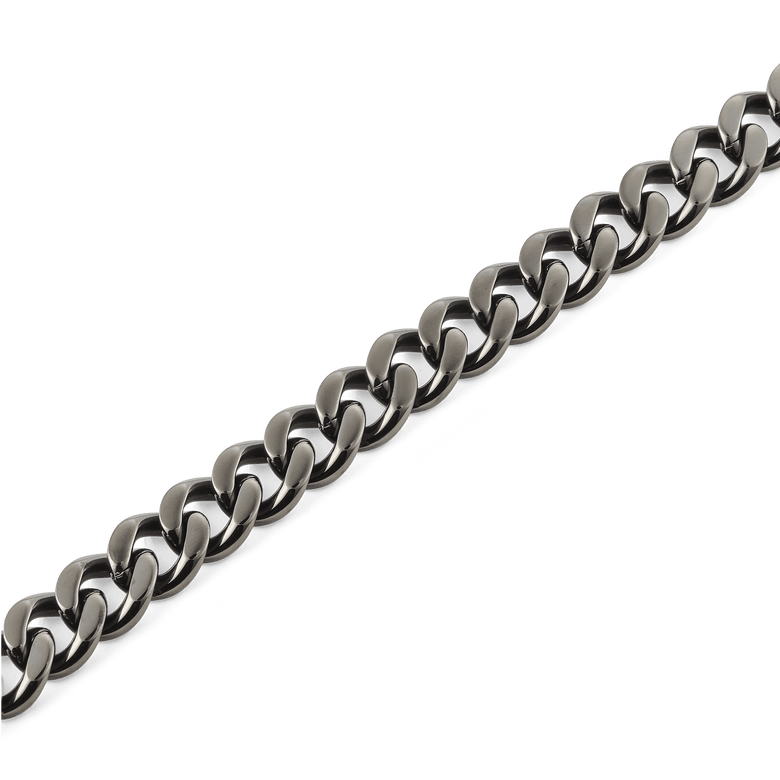 Close-up of the Ellipse Cuban Chain Necklace Graphite showing bold, chunky Cuban links with a matte graphite finish and smooth stainless steel construction.
