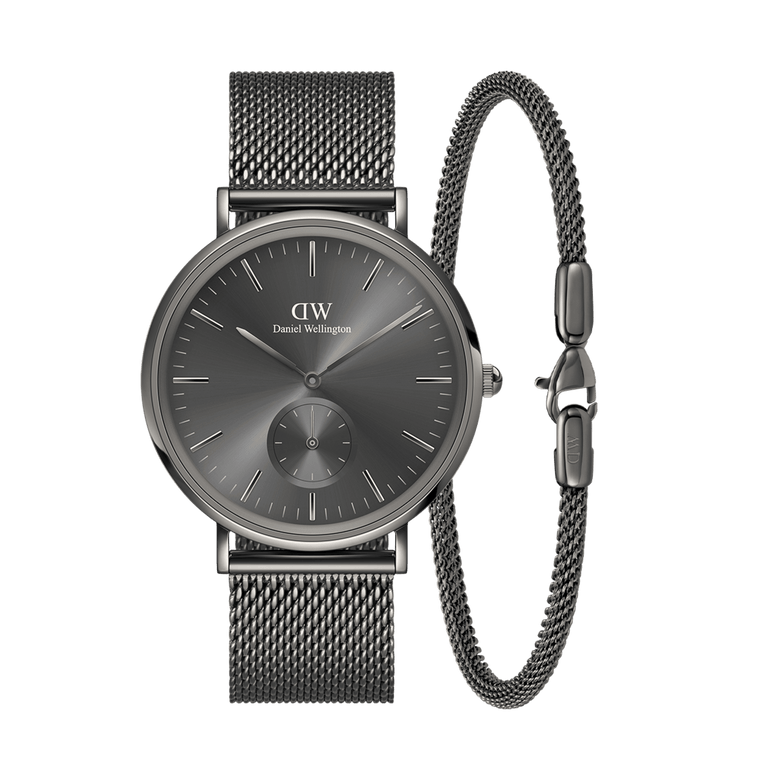 Classic Multi Eye Mesh Graphite & Bracelet set featuring a graphite dial watch with minimalist markers and a matching slim mesh bracelet, both in a monochrome finish for a refined, modern look.