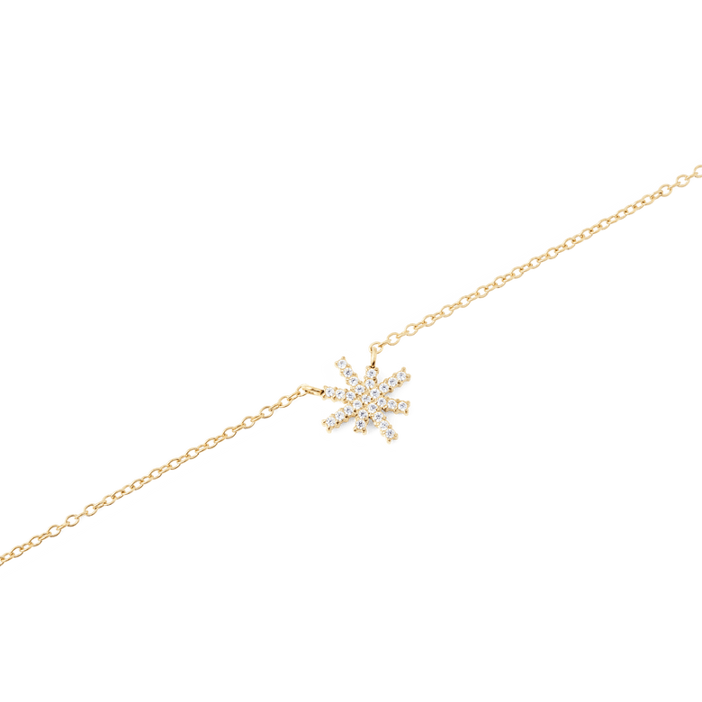 Close-up of the Mirelle Star Necklace Gold, showing a fine gold chain with a star-shaped pendant encrusted with white cubic zirconia crystals.