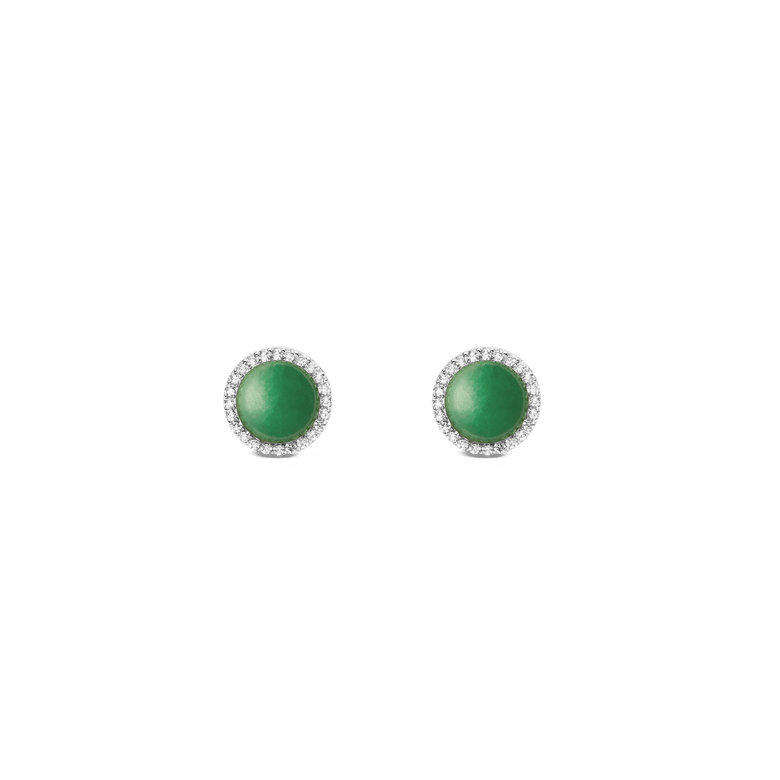 A pair of Daniel Wellington Audrey Earrings Jade Silver featuring round green jade stones set in silver, each surrounded by a halo of white cubic zirconia for a refined, modern look.