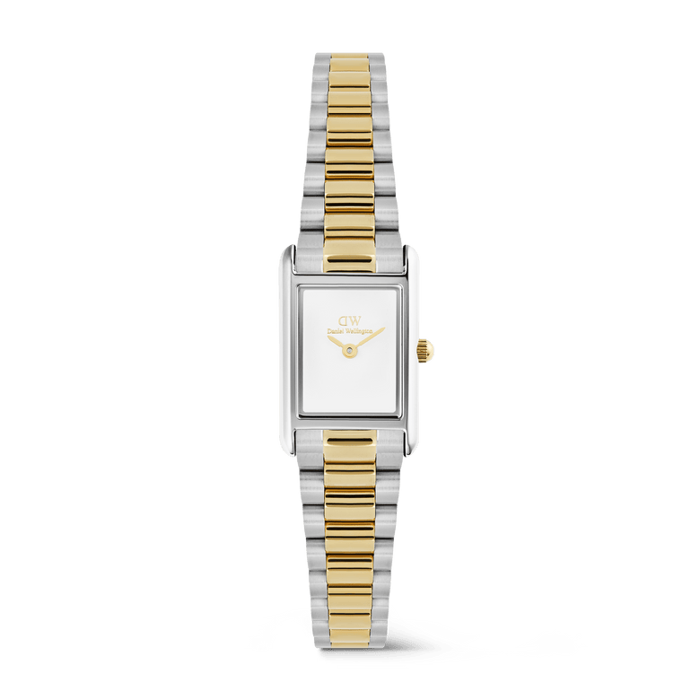 Bound Mini 3-Link Two Tone Gold ladies watch featuring a rectangular white dial, gold and silver 3-link bracelet, and minimalist gold accents, ideal for everyday wear and stacking with other jewellery.