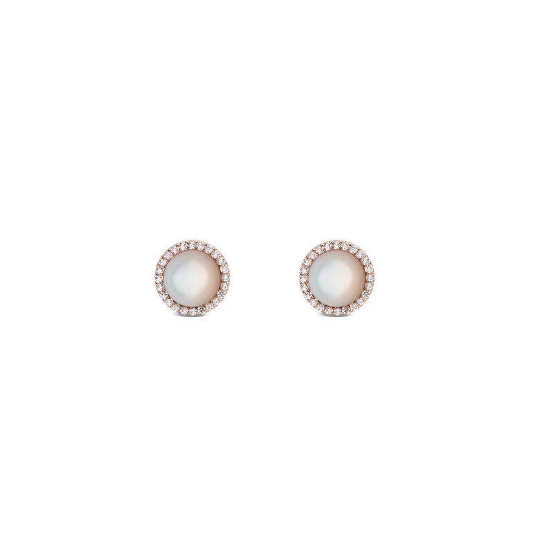 A pair of Daniel Wellington Audrey Earrings featuring round mother of pearl centres framed by a halo of sparkling white cubic zirconia, set in rose gold with a minimalist stud design.