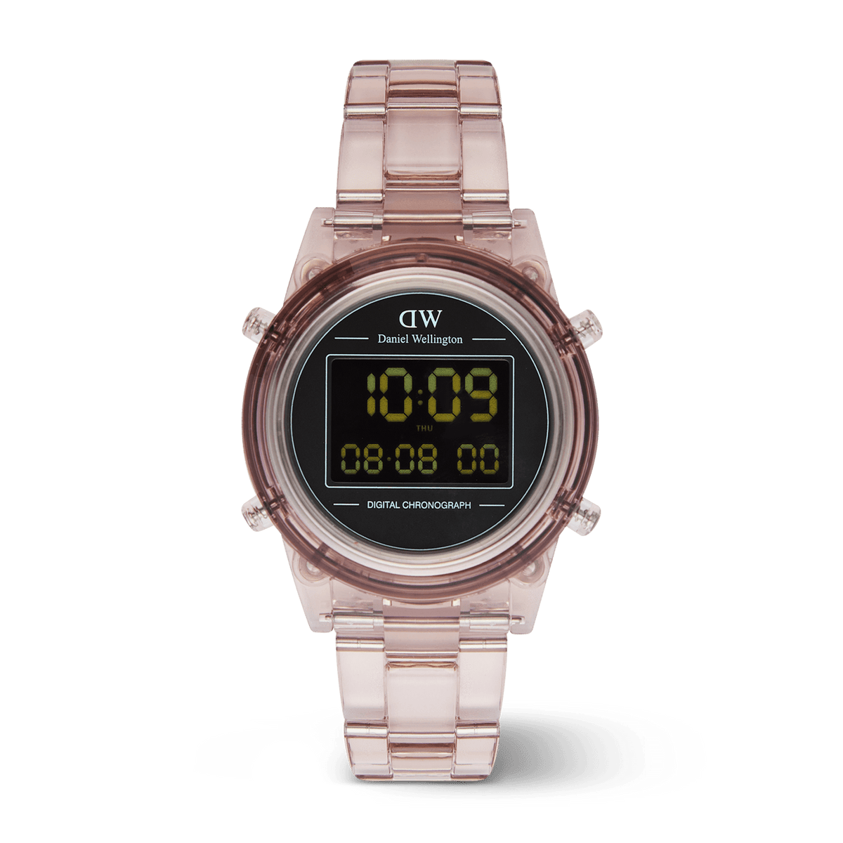Retro Digital Dark Pink Dark Pink women’s watch featuring a transparent bio-based plastic strap, round black digital dial with yellow display, and minimalist chronograph design.