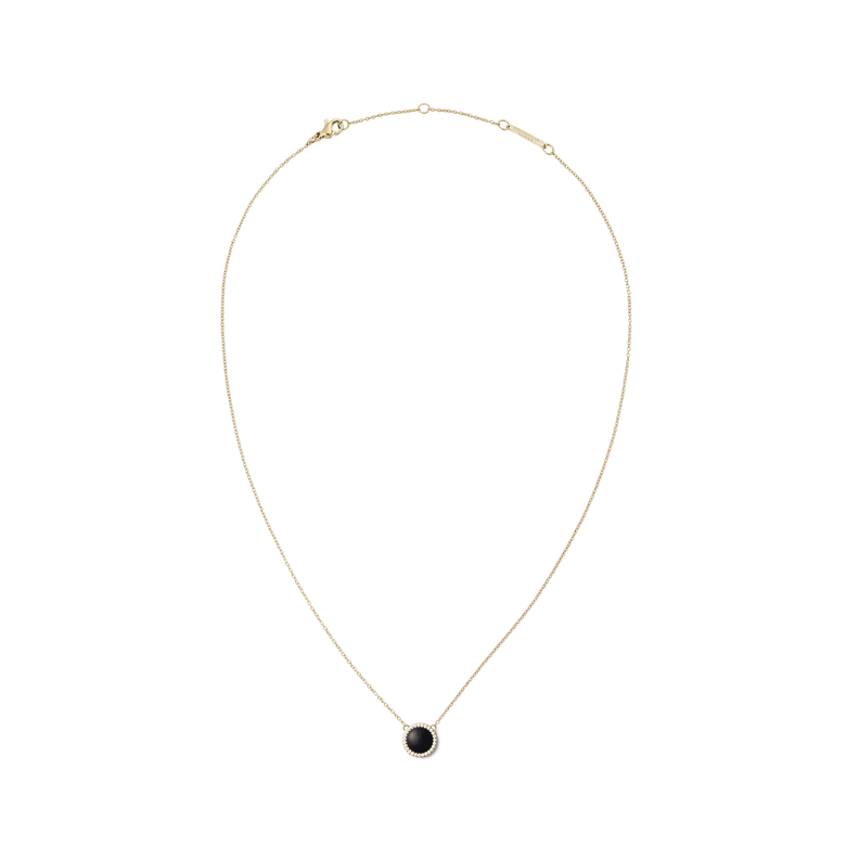 Gold necklace with an adjustable chain featuring a domed black agate pendant encircled by white cubic zirconia crystals, designed for a refined and modern look.
