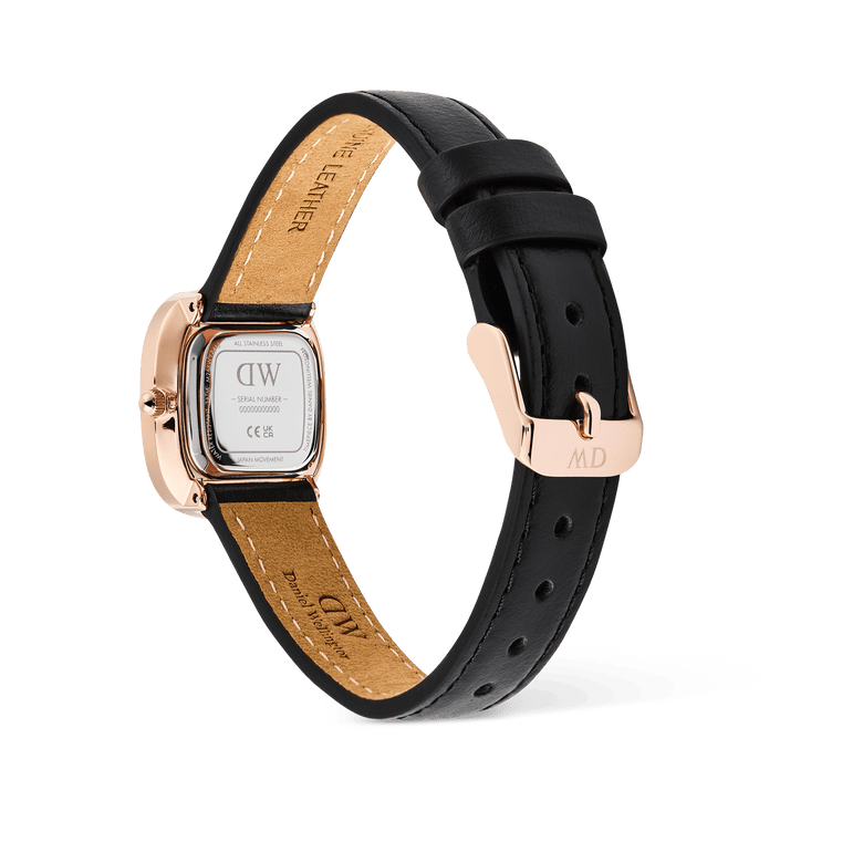 Rear view of the Margot Sheffield Unitone Sunray Rose Gold ladies watch, showing the polished rose gold case back, genuine leather strap, and rose gold pin buckle designed for petite wrists.