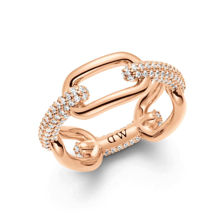 Crystal Link Ring Rose Gold with a chunky chain silhouette, featuring claw-set cubic zirconia crystals and a polished rose gold plated brass finish, designed for a contemporary and elegant style.
