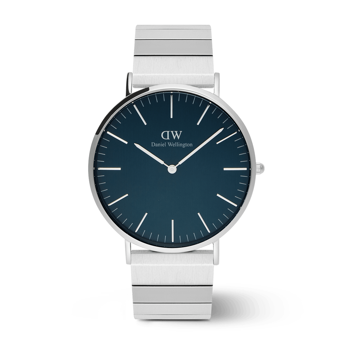 Classic Piano Link Arctic Silver men's watch with a brushed arctic blue dial, minimalist silver hour markers, and a geometric stainless steel piano link strap.