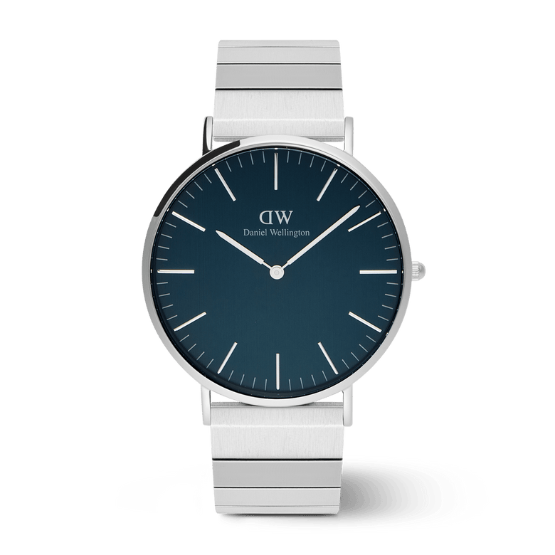 Classic Piano Link Arctic Silver men's watch with a brushed arctic blue dial, minimalist silver hour markers, and a geometric stainless steel piano link strap.
