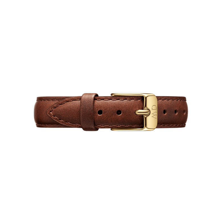 St Mawes Strap Gold in a smaller size, crafted from brown genuine leather with fine stitching and a gold-tone buckle, designed as a refined replacement watch strap for Daniel Wellington watches.