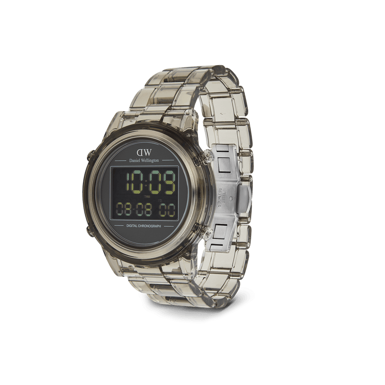 Retro Digital Light Grey Light Grey watch with a transparent light grey link strap, round case, and digital display featuring chronograph and dual time functions, shown at an angle to highlight the butterfly buckle and stainless steel details.