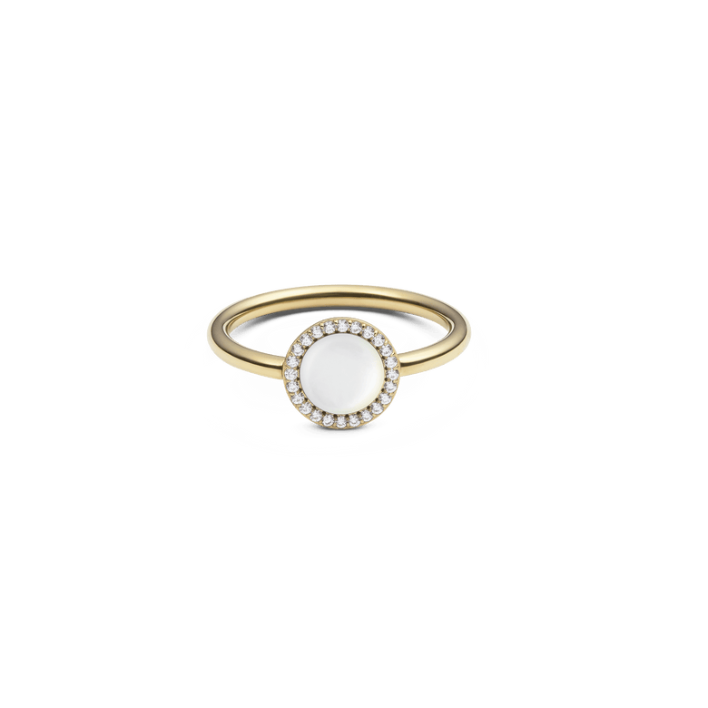 Gold ring with a round mother of pearl centrepiece, surrounded by a halo of white cubic zirconia, set on a slim gold band.