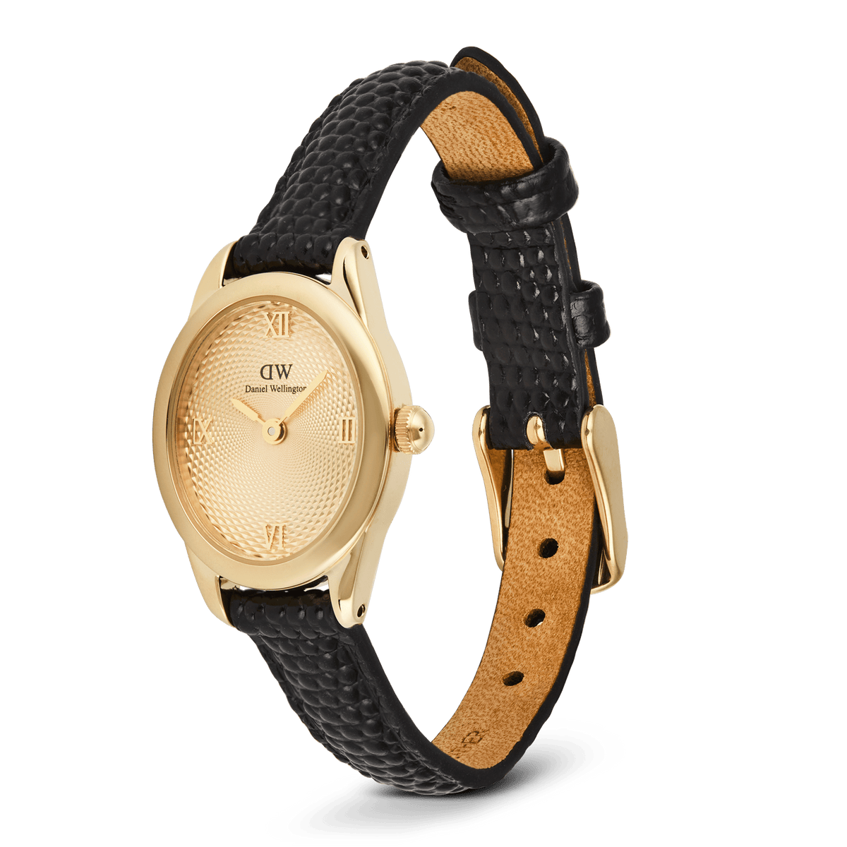 Daniel Wellington Ophelia Mini Black Lizard Unitone Guilloché Gold watch with a slim oval gold case, textured gold dial with Roman numerals, and an adjustable black lizard-embossed leather strap.