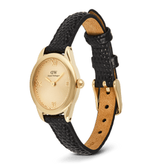 Daniel Wellington Ophelia Mini Black Lizard Unitone Guilloché Gold watch with a slim oval gold case, textured gold dial with Roman numerals, and an adjustable black lizard-embossed leather strap.