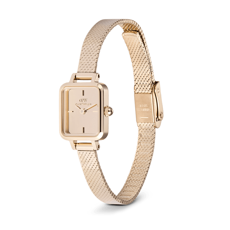 Quadro Mini Reflection Rose Gold ladies watch with a slim rectangular case, mirror-effect dial, and an adjustable rose gold mesh strap, shown from a side angle to highlight its polished finish and delicate design.