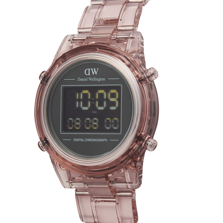 Retro Digital Dark Pink Dark Pink ladies watch with a transparent bio-based plastic strap, round black digital dial, and yellow display, featuring a minimalist chronograph design and adjustable fit.