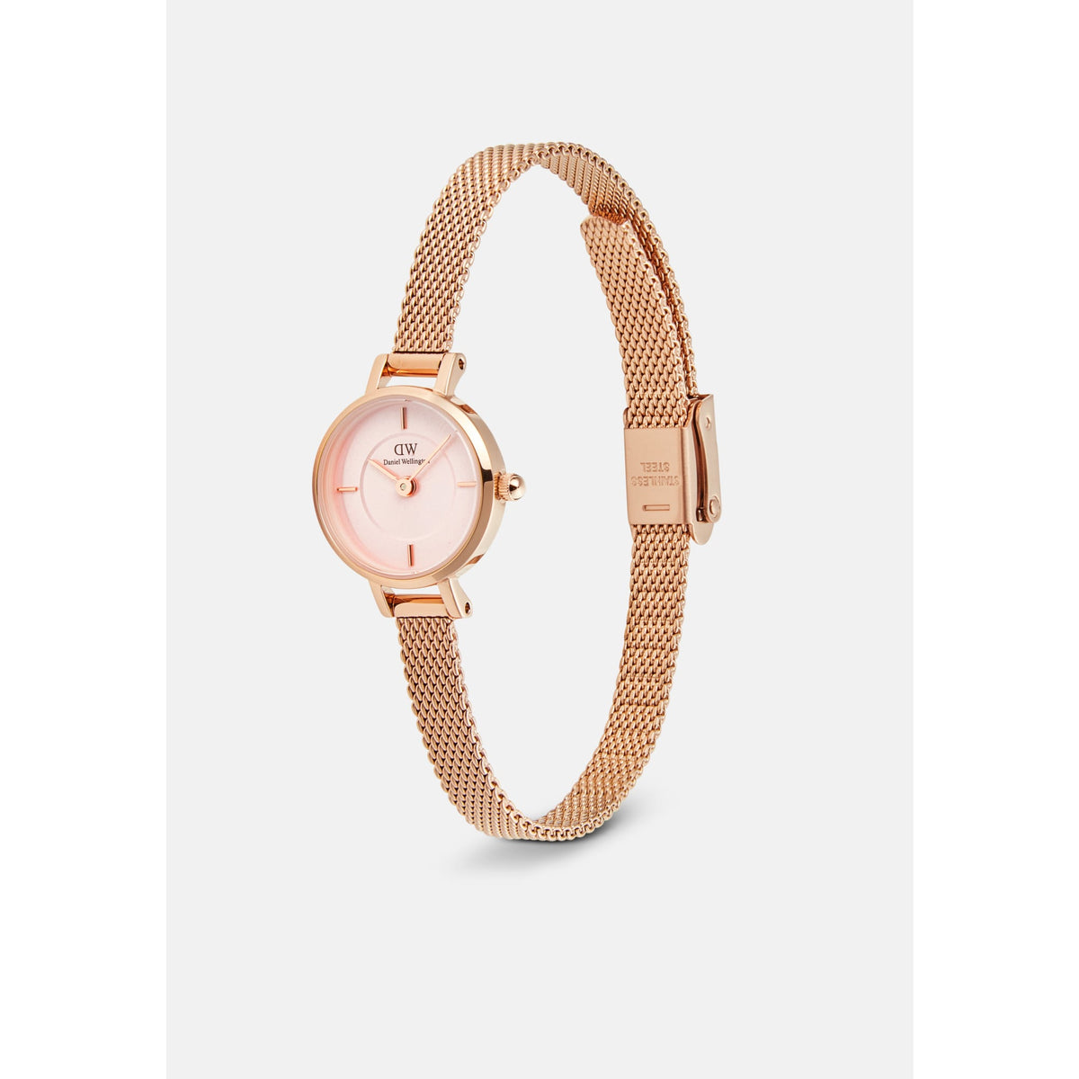 Petite Mini Blush Melrose watch with a blush pink sunray dial, petite 19mm rose gold case, and an adjustable rose gold mesh strap, shown at an angle to highlight its refined and lightweight design.