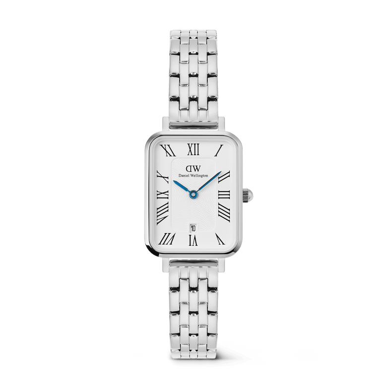 Elegant Quadro Roman Numerals Date 5-link Silver watch with a rectangular 20x26mm stainless steel case, polished silver bracelet, white dial featuring bold Roman numerals, blue hands, and a date window at 6 o’clock.