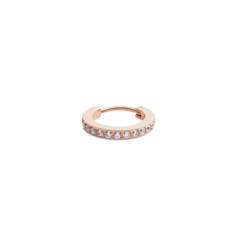 Crystal Hoop Earring Rose Gold with a row of cubic zirconia crystals set along the front of a petite rose gold hoop, highlighting its minimalist and elegant design.