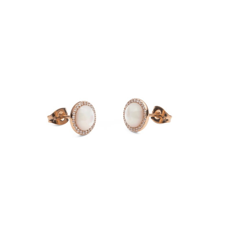 Daniel Wellington Audrey Earrings with domed mother of pearl centres, surrounded by a halo of white cubic zirconia and set in rose gold with butterfly clasps, shown from a side angle.
