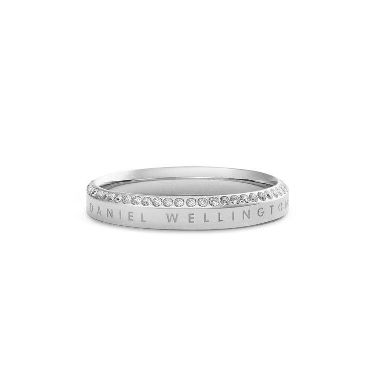 Classic Aura Ring Silver with a polished stainless steel band, featuring a row of white crystals set along the chamfered edge and subtle engraved branding for a refined, minimalist finish.