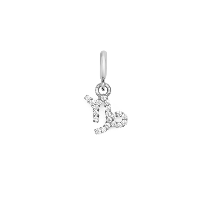 Capricorn zodiac watch charm in polished silver, featuring a sparkling astrological symbol with cubic zirconia crystals, crafted for Daniel Wellington watches or bracelets.