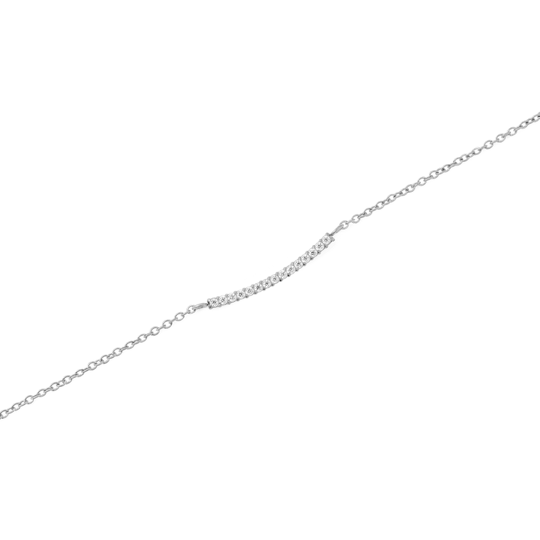 Close-up of the Mirelle Eternity Necklace Silver showing the slender bar pendant set with sparkling white cubic zirconia crystals on a fine polished silver chain.