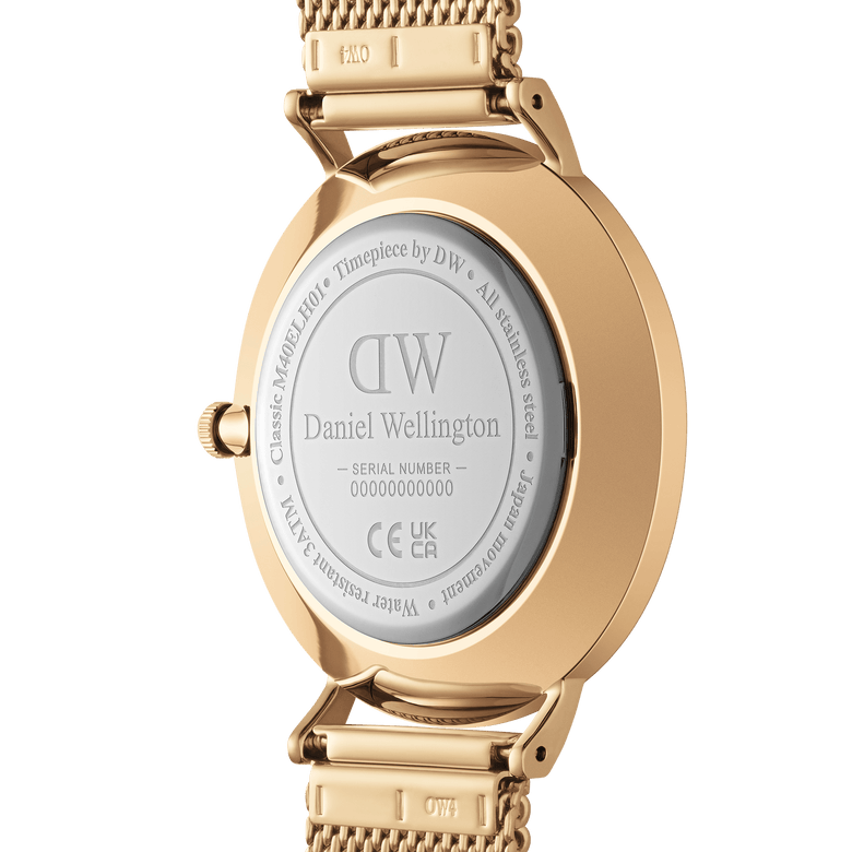 Back view of the Classic Multi-Eye Evergold Onyx men's watch, showing the stainless steel case, engraved branding, and gold mesh strap with a secure clasp.