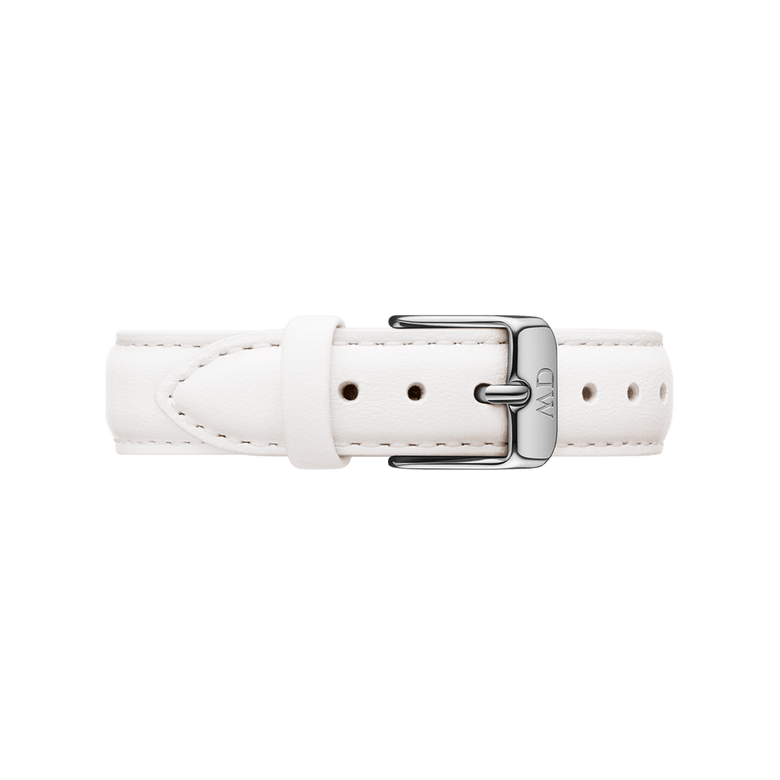 White genuine leather watch strap with a polished silver buckle, featuring fine stitching and a minimalist style, designed for ladies' watches in 12mm or 14mm sizes.