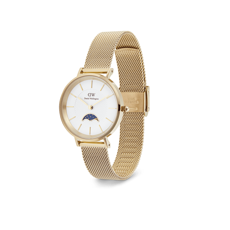 Petite Lune Evergold ladies gold watch featuring a 32mm round case, white dial with moon-phase sub-dial, and an adjustable gold mesh strap, shown standing upright to highlight its classic and versatile design.