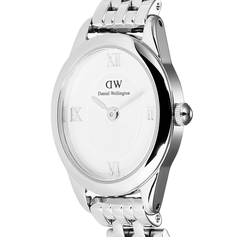 Close-up of the Ophelia Mini Silver watch showing the polished oval case, white sunray dial with silver Roman numerals, and the refined 5-link stainless steel bracelet.