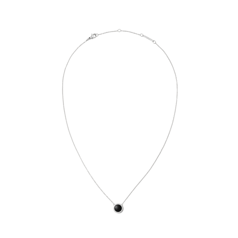 Silver necklace with a domed black agate pendant surrounded by white cubic zirconia crystals, featuring a fine adjustable chain and a secure lobster clasp.