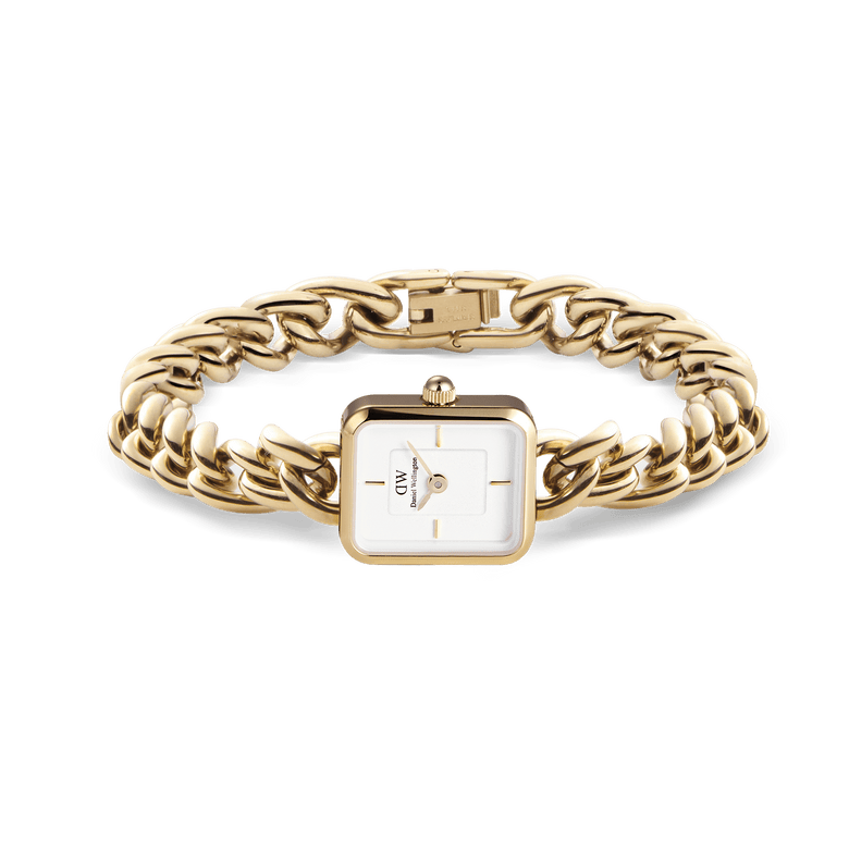 Jolie Chain Gold watch displayed with its chunky gold chain bracelet and square white dial, highlighting the adjustable foldover clasp and jewellery-inspired design.