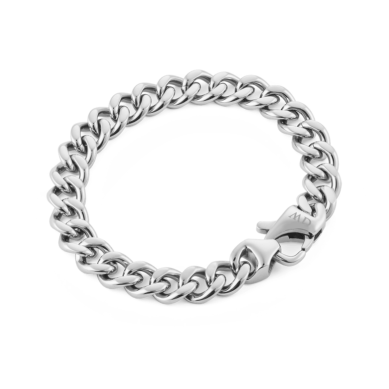 Ellipse Cuban Chain Bracelet Silver shown in a flat lay, featuring chunky polished links and a sturdy lobster clasp, crafted from high quality 316L stainless steel.