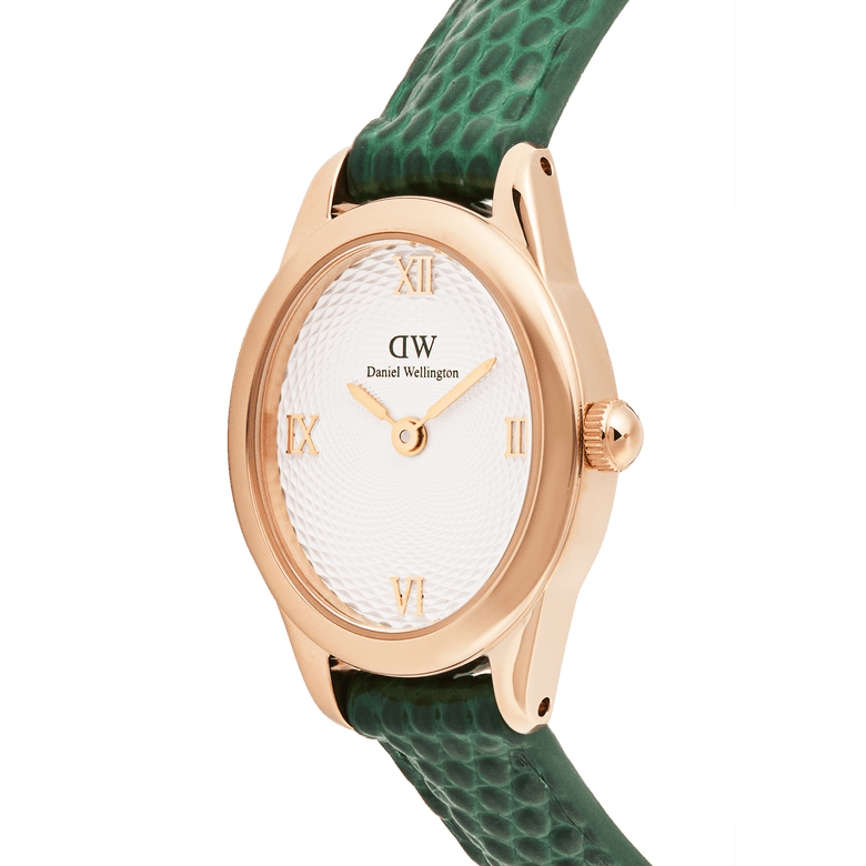 Close-up of the Ophelia Mini Green Lizard White Guilloché Rose Gold watch, highlighting its textured white guilloché dial, rose gold Roman numerals, and green lizard embossed leather strap.