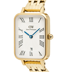Rectangular gold ladies watch with a white dial, Roman numerals, blue hands, and a polished gold bracelet strap, part of the Quadro Roman Numerals Date collection.