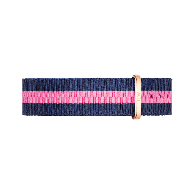 Navy and pink striped Winchester Strap Rose Gold 18mm NATO watch strap with a slim rose gold buckle, made from durable polyester for a comfortable and stylish fit.