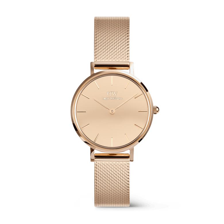 Petite Reflection Rose Gold watch with a 28mm mirror-effect rose gold dial and a polished rose gold mesh strap, featuring minimalist hour markers and a slim, elegant design ideal for petite wrists.
