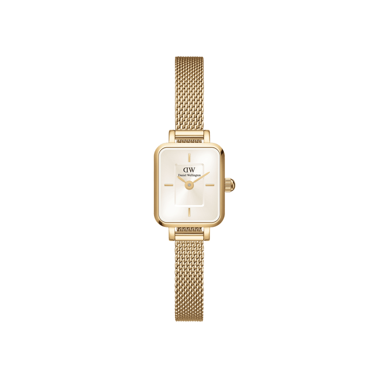 Quadro Mini Evergold Champagne gold watch with a petite rectangular case, champagne sunray dial, and an elegant gold mesh strap, designed for women seeking a refined and comfortable everyday accessory.