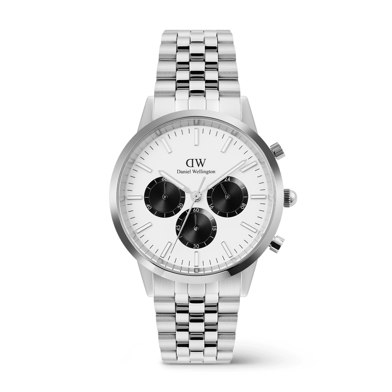Silver Iconic Chronograph Arch 5-Link Off-White Panda watch with a polished and brushed stainless steel bracelet, featuring a crisp off-white dial and bold black sub-dials for a classic men's chronograph style.