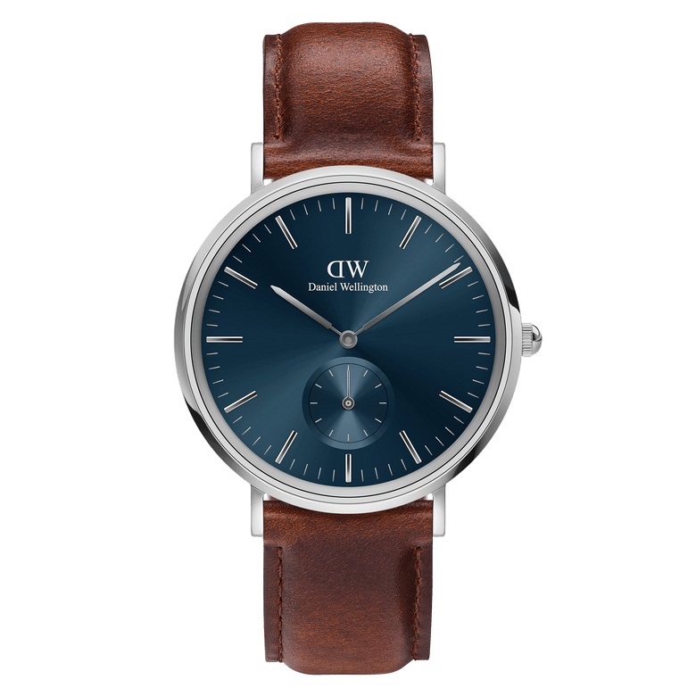 Classic Multi-Eye St Mawes Arctic Silver men's watch with a deep blue dial, silver round case, minimalist markers, and a brown genuine leather strap, featuring a multi-eye chronograph design.