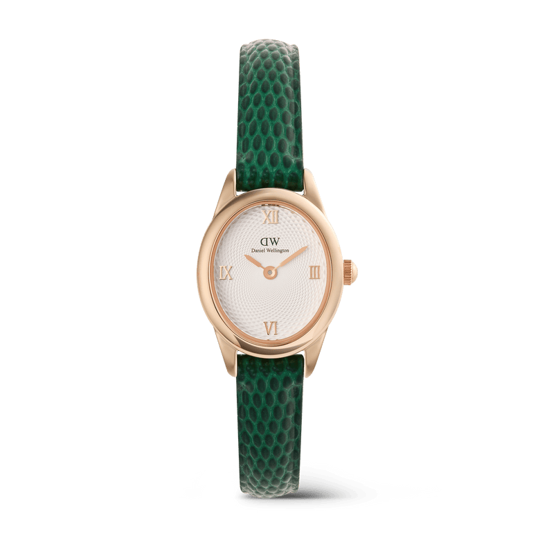 Ophelia Mini Green Lizard White Guilloché Rose Gold watch featuring a petite oval rose gold case, white guilloché dial with rose gold Roman numerals, and a green lizard embossed leather strap.