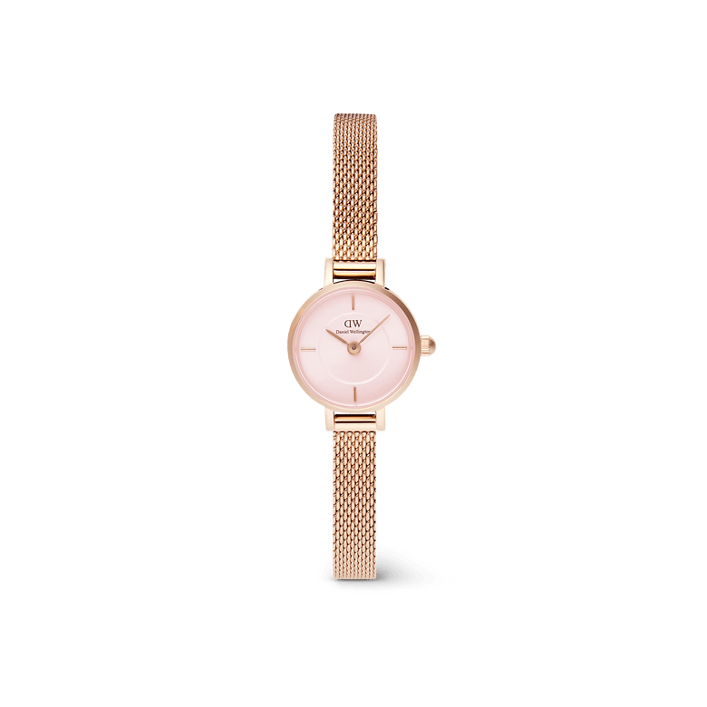 Petite Mini Blush Melrose features a blush pink sunray dial, petite 19mm rose gold case, and a slim rose gold mesh strap, offering a refined and lightweight accessory for everyday wear.