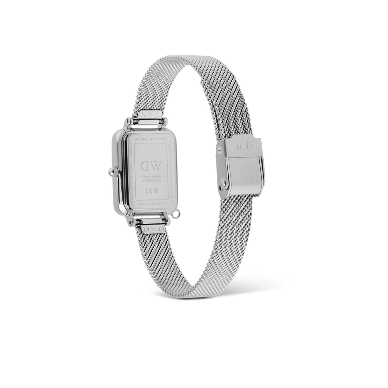 Quadro Crystal Zodiac Sterling watch shown from the back, highlighting the stainless steel case and adjustable silver mesh strap with a secure clasp.