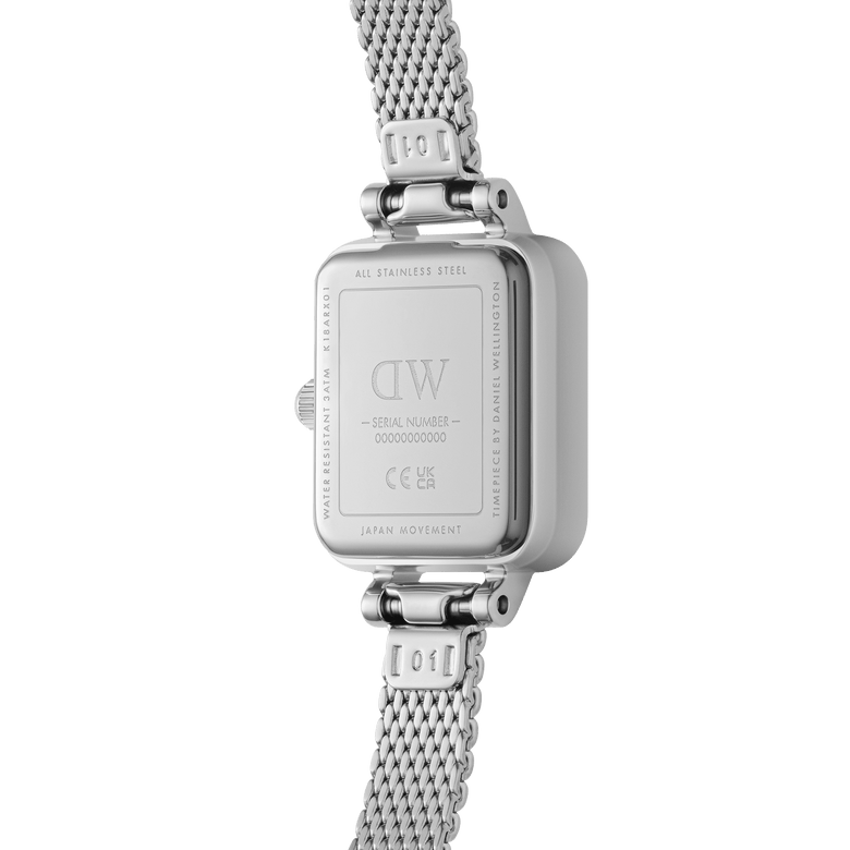 Back view of the Quadro Mini Lumine Bezel Silver ladies watch, showing the stainless steel case, engraved details, and the adjustable silver mesh strap.