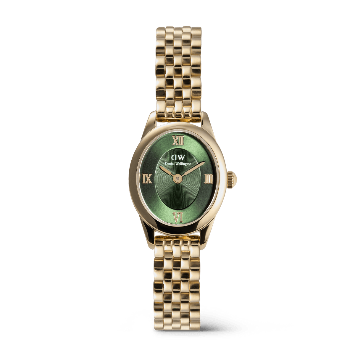 A petite gold women’s watch with an oval case, emerald green sunray dial, gold Roman numerals, and a polished gold beans link bracelet.