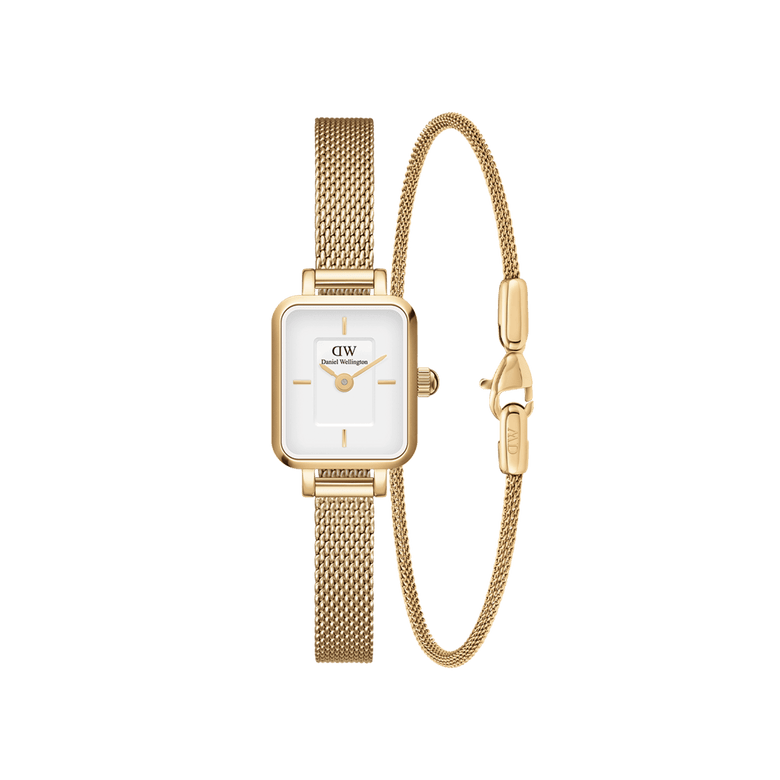 Quadro Mini Evergold & Bracelet 1.8 set featuring a petite rectangular gold mesh strap watch with a minimalist white dial, paired with a matching slim gold mesh bracelet with an adjustable clasp.