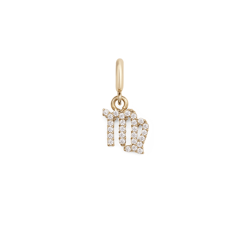 Gold Virgo zodiac watch charm with sparkling cubic zirconia crystals, featuring a delicate Virgo symbol in a secure claw setting for versatile styling on watches, bracelets, or jewellery stacks.