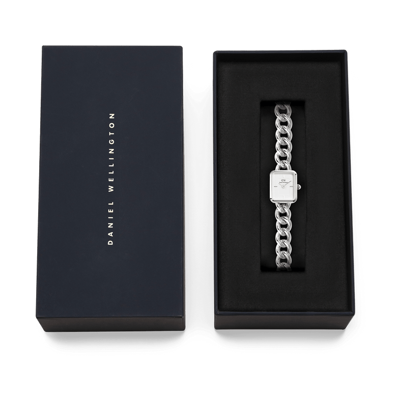 Jolie Chain Silver ladies watch with a chunky silver chain bracelet and square white dial, presented in a sleek Daniel Wellington gift box.
