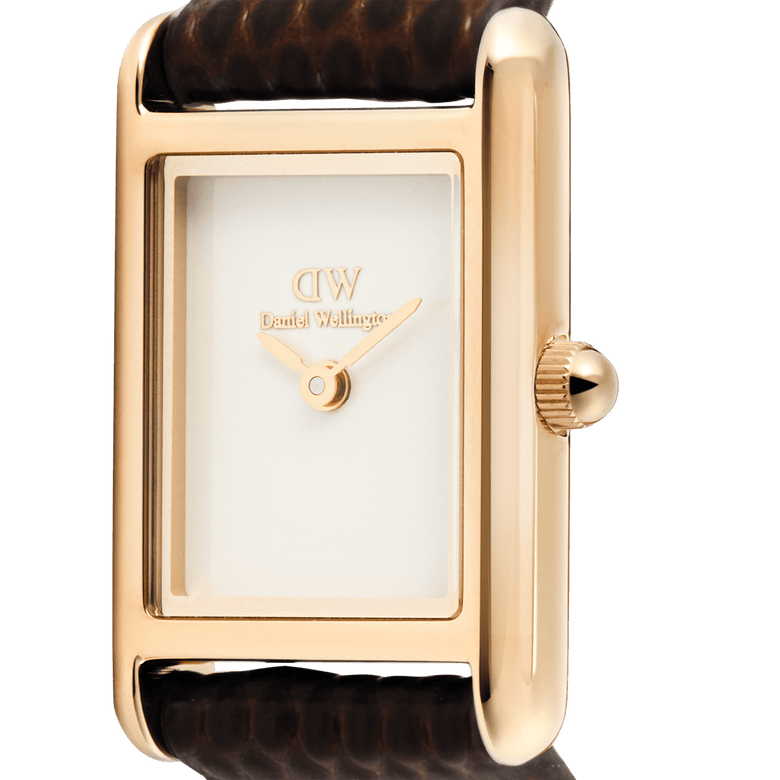 Close-up of the Bound Mini Dark Brown Lizard Rose Gold watch showing the polished rose gold rectangular case, minimalist white dial, and textured brown lizard-grain leather strap.