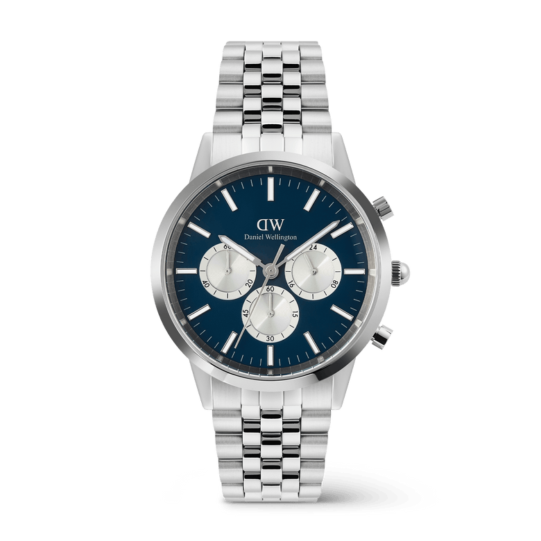 Iconic Chronograph Arch 5-Link Arctic Panda Silver men's watch featuring a polished stainless steel bracelet, blue dial with contrasting silver sub-dials, and a classic round case.